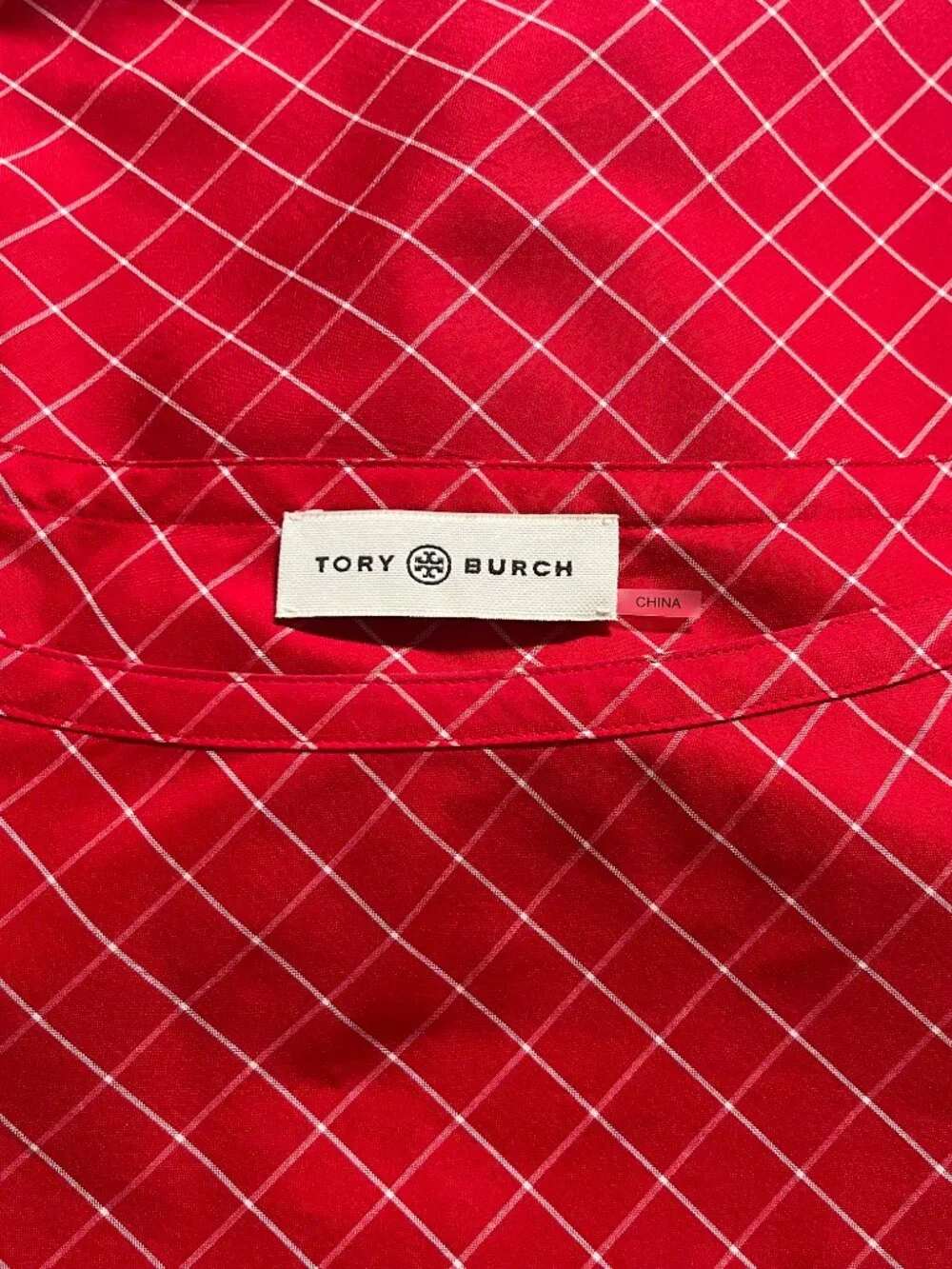 Tory Burch Windowpane Silk Tunic Top Red White Ruched Drawstring